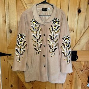 Bob Mackie Wearable Art Vintage Western Embroidered Button Up Fleece Jacket 1X